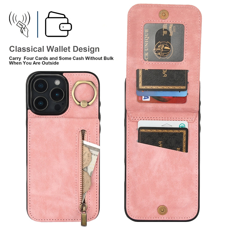 For iPhone 16 Pro Max Retro Ring and Zipper RFID Card Slot Phone Case