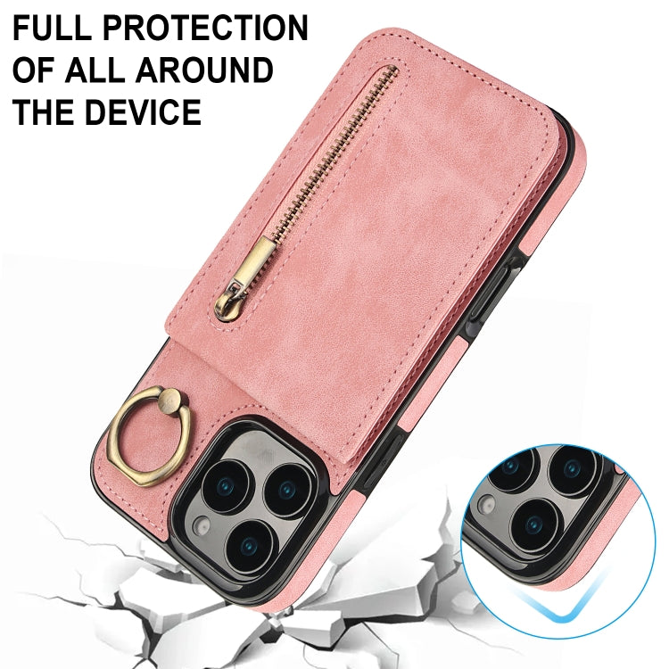 For iPhone 16 Pro Max Retro Ring and Zipper RFID Card Slot Phone Case