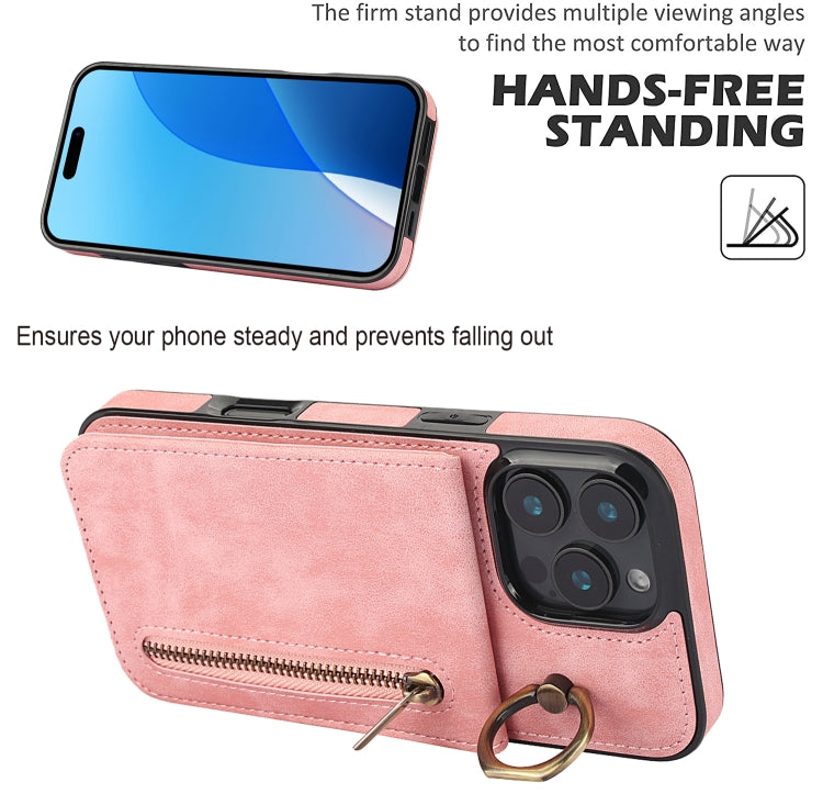 For iPhone 16 Pro Max Retro Ring and Zipper RFID Card Slot Phone Case