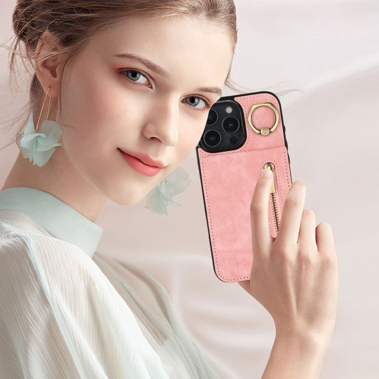For iPhone 16 Pro Max Retro Ring and Zipper RFID Card Slot Phone Case