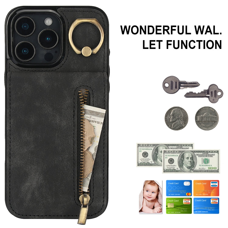 For iPhone 16 Pro Max Retro Ring and Zipper RFID Card Slot Phone Case