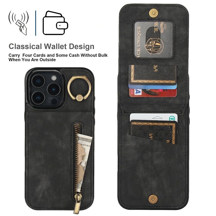 For iPhone 16 Pro Max Retro Ring and Zipper RFID Card Slot Phone Case