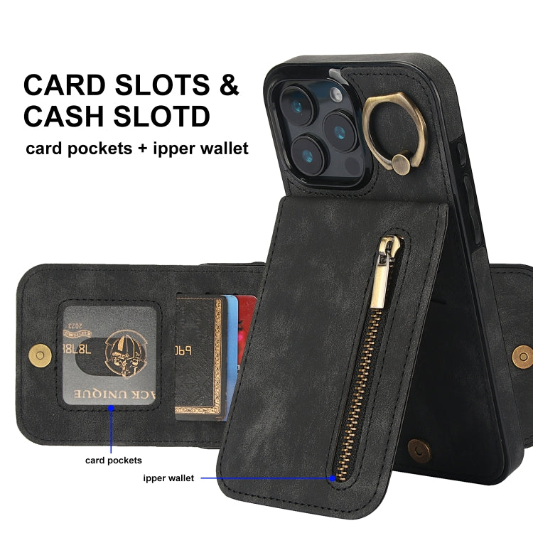 For iPhone 16 Pro Max Retro Ring and Zipper RFID Card Slot Phone Case