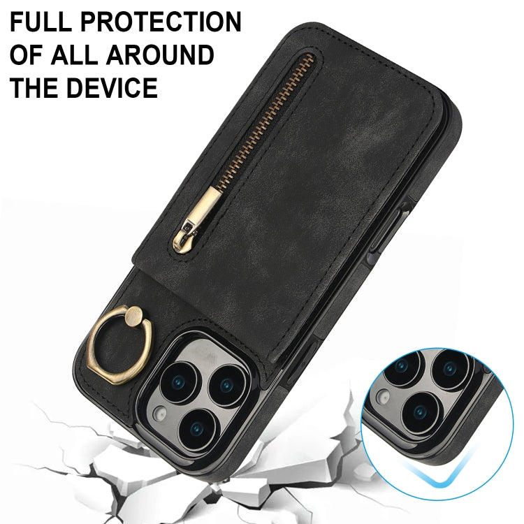 For iPhone 16 Pro Max Retro Ring and Zipper RFID Card Slot Phone Case