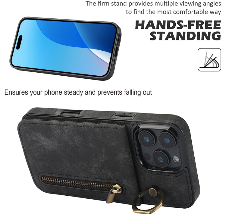 For iPhone 16 Pro Max Retro Ring and Zipper RFID Card Slot Phone Case