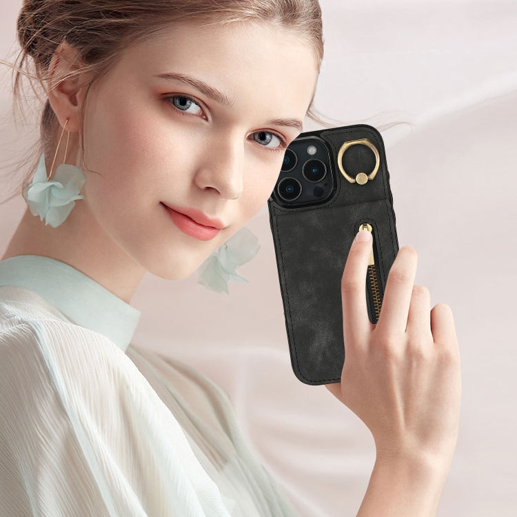 For iPhone 16 Pro Max Retro Ring and Zipper RFID Card Slot Phone Case