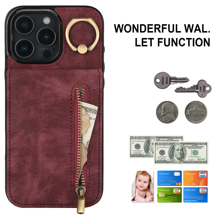 For iPhone 16 Pro Max Retro Ring and Zipper RFID Card Slot Phone Case
