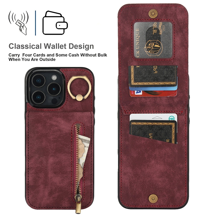 For iPhone 16 Pro Max Retro Ring and Zipper RFID Card Slot Phone Case