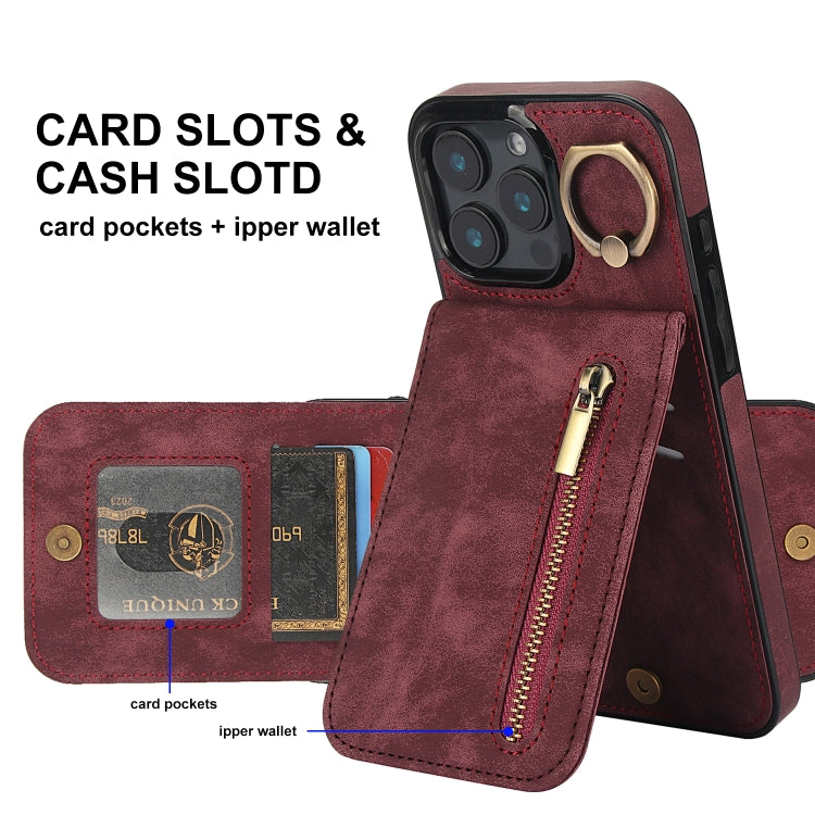 For iPhone 16 Pro Max Retro Ring and Zipper RFID Card Slot Phone Case