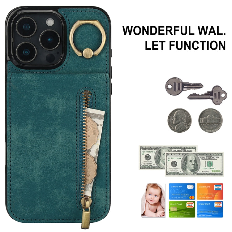 For iPhone 16 Pro Max Retro Ring and Zipper RFID Card Slot Phone Case