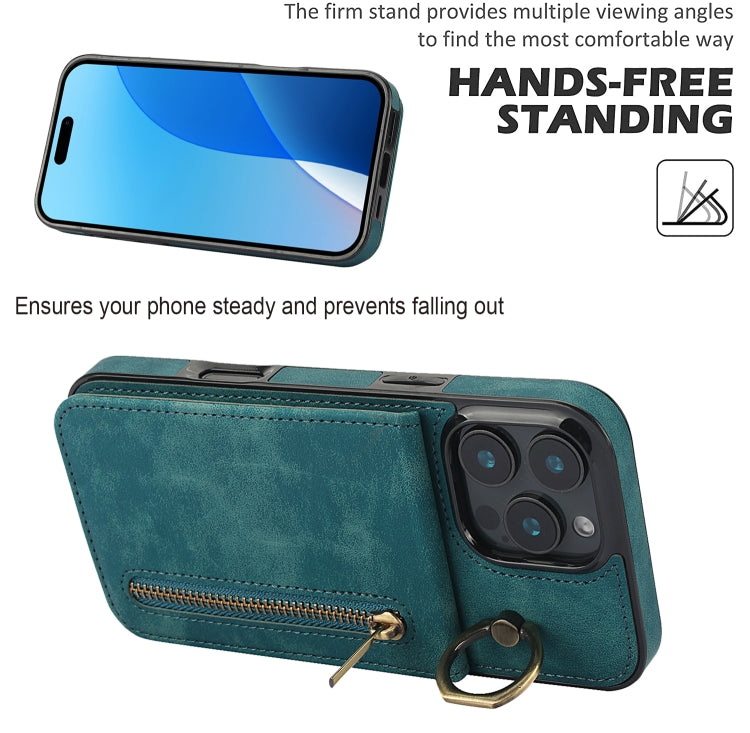 For iPhone 16 Pro Max Retro Ring and Zipper RFID Card Slot Phone Case