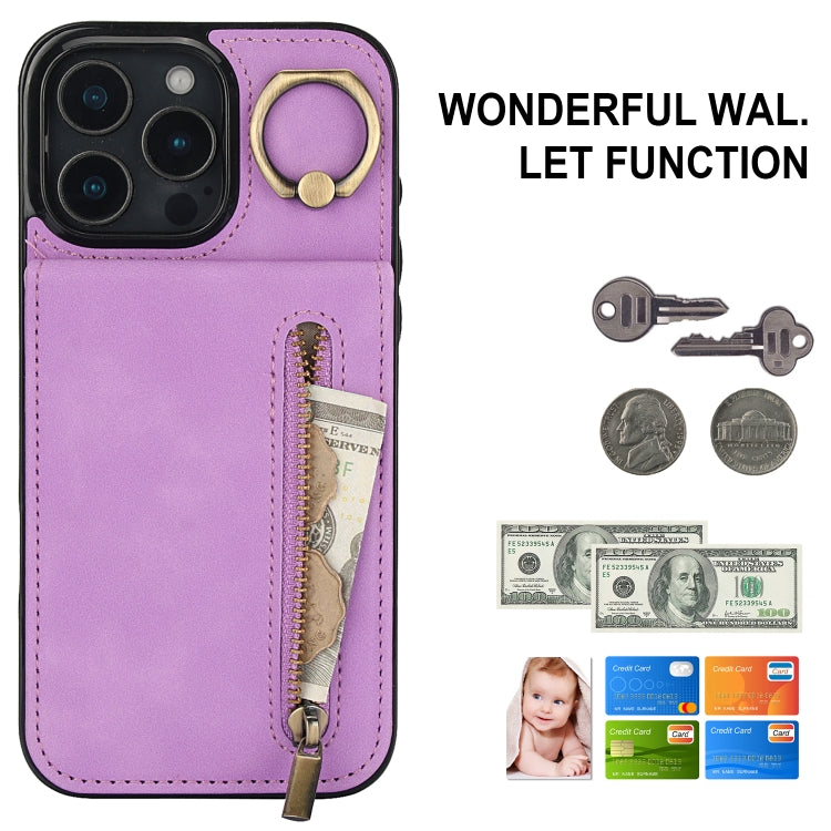 For iPhone 16 Pro Max Retro Ring and Zipper RFID Card Slot Phone Case