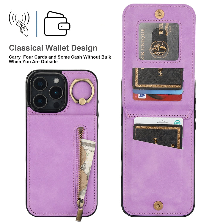 For iPhone 16 Pro Max Retro Ring and Zipper RFID Card Slot Phone Case