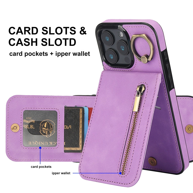 For iPhone 16 Pro Max Retro Ring and Zipper RFID Card Slot Phone Case