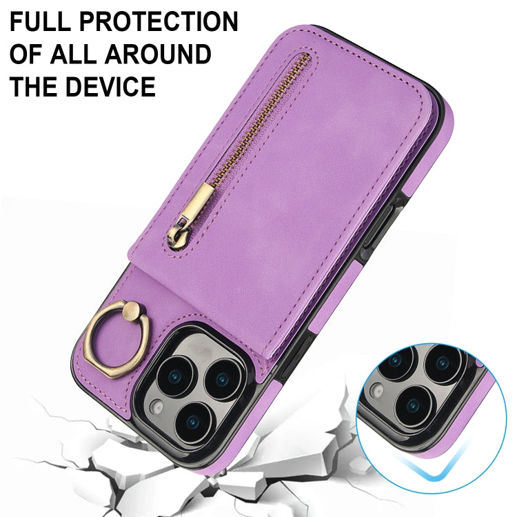 For iPhone 16 Pro Max Retro Ring and Zipper RFID Card Slot Phone Case
