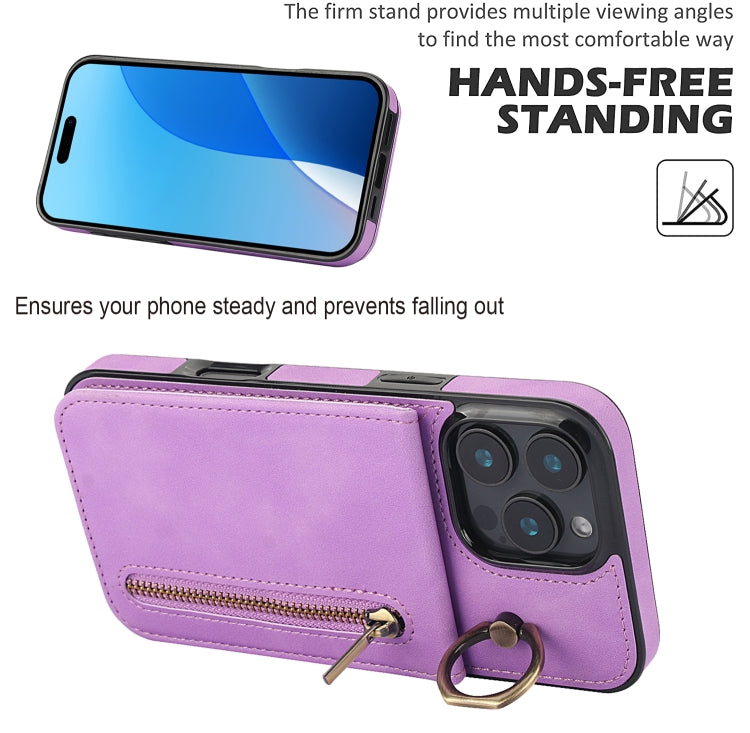 For iPhone 16 Pro Max Retro Ring and Zipper RFID Card Slot Phone Case
