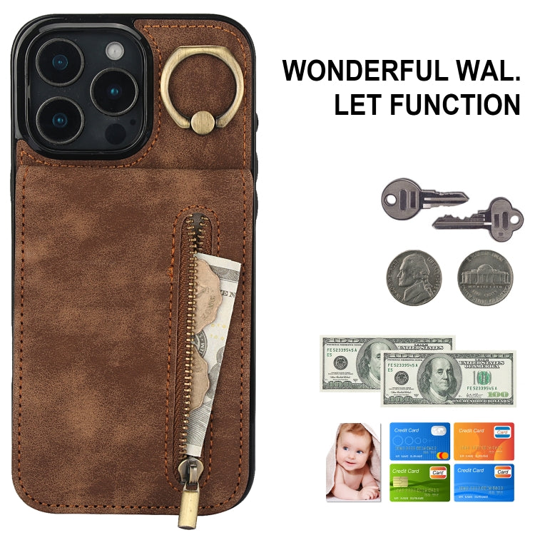 For iPhone 16 Pro Max Retro Ring and Zipper RFID Card Slot Phone Case