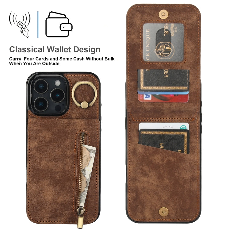 For iPhone 16 Pro Max Retro Ring and Zipper RFID Card Slot Phone Case