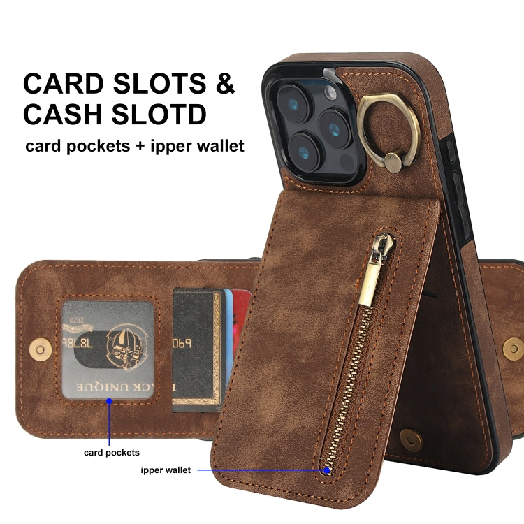 For iPhone 16 Pro Max Retro Ring and Zipper RFID Card Slot Phone Case