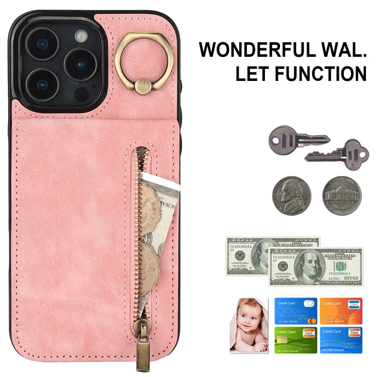 For iPhone 16 Pro Retro Ring and Zipper RFID Card Slot Phone Case