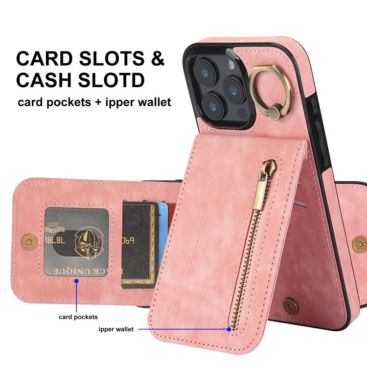 For iPhone 16 Pro Retro Ring and Zipper RFID Card Slot Phone Case