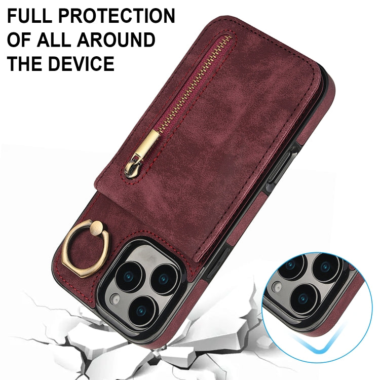 For iPhone 16 Pro Retro Ring and Zipper RFID Card Slot Phone Case