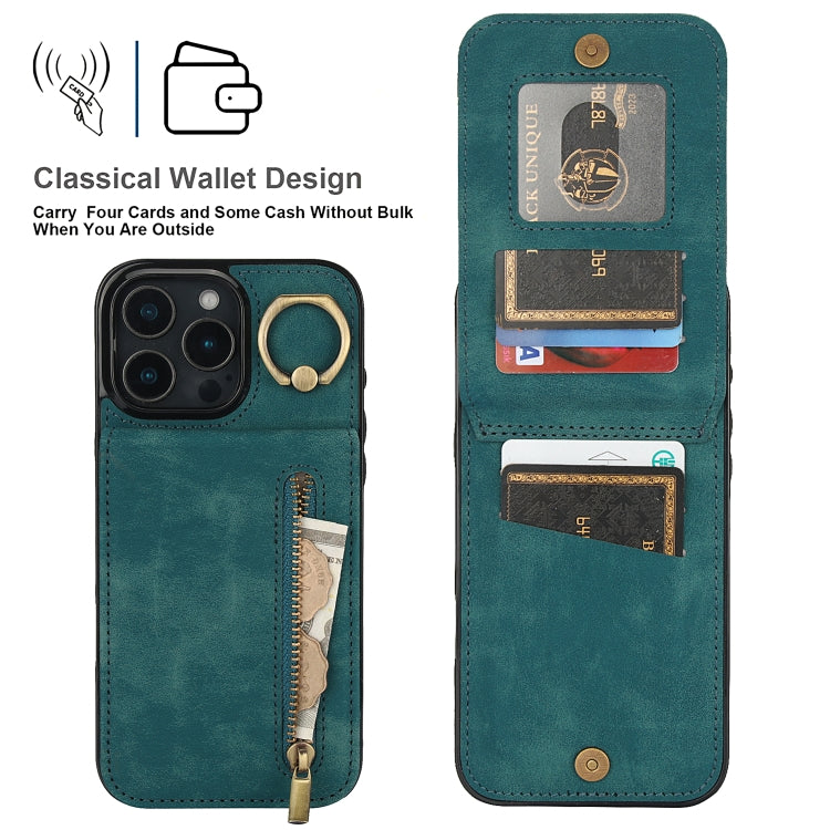 For iPhone 16 Pro Retro Ring and Zipper RFID Card Slot Phone Case