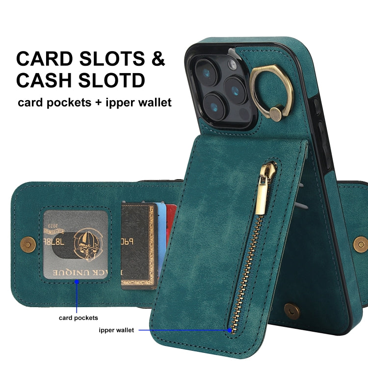 For iPhone 16 Pro Retro Ring and Zipper RFID Card Slot Phone Case