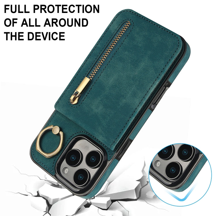 For iPhone 16 Pro Retro Ring and Zipper RFID Card Slot Phone Case