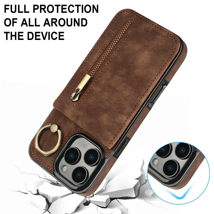 For iPhone 16 Pro Retro Ring and Zipper RFID Card Slot Phone Case