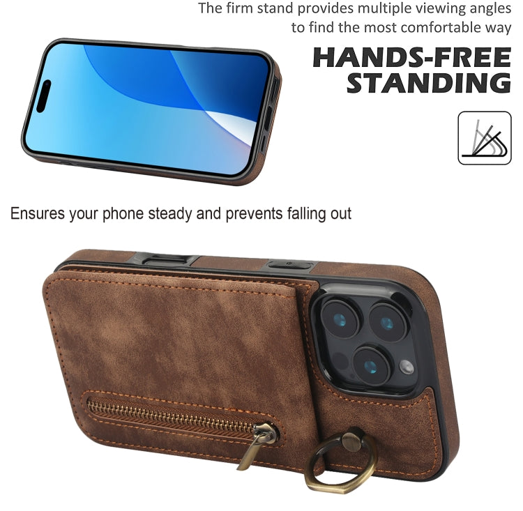 For iPhone 16 Pro Retro Ring and Zipper RFID Card Slot Phone Case