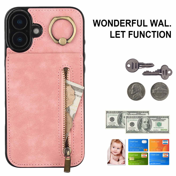 For iPhone 16 Plus Retro Ring and Zipper RFID Card Slot Phone Case