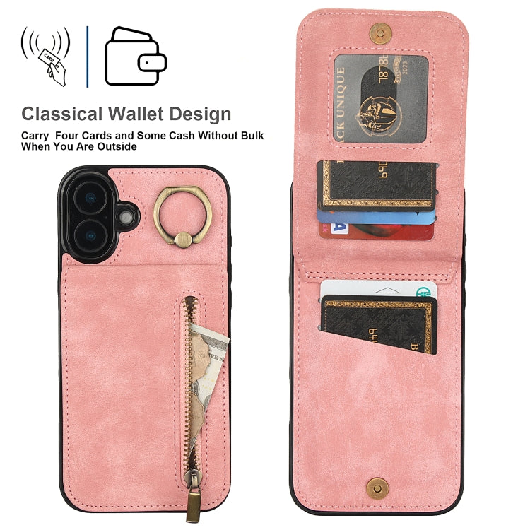 For iPhone 16 Plus Retro Ring and Zipper RFID Card Slot Phone Case