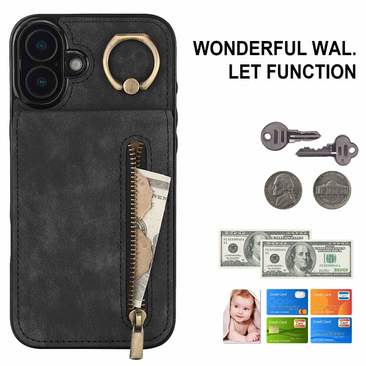 For iPhone 16 Plus Retro Ring and Zipper RFID Card Slot Phone Case