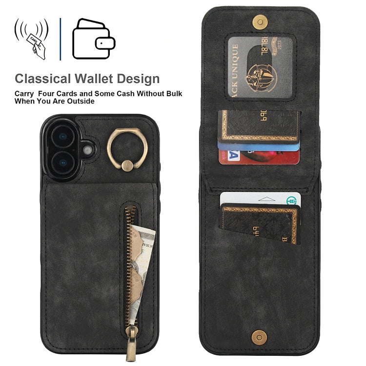 For iPhone 16 Plus Retro Ring and Zipper RFID Card Slot Phone Case
