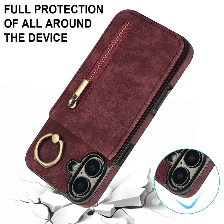 For iPhone 16 Plus Retro Ring and Zipper RFID Card Slot Phone Case