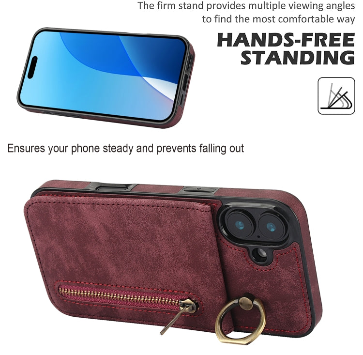 For iPhone 16 Plus Retro Ring and Zipper RFID Card Slot Phone Case
