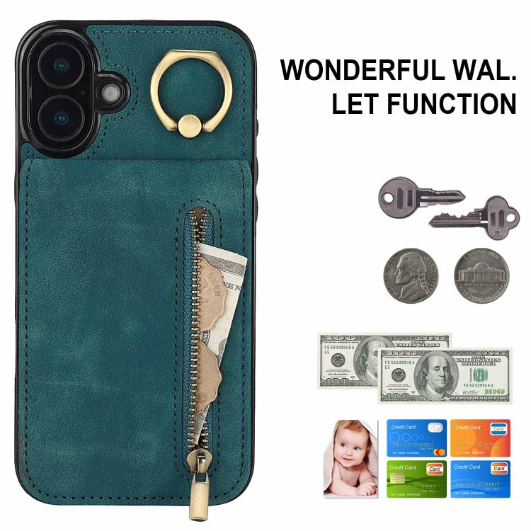 For iPhone 16 Plus Retro Ring and Zipper RFID Card Slot Phone Case