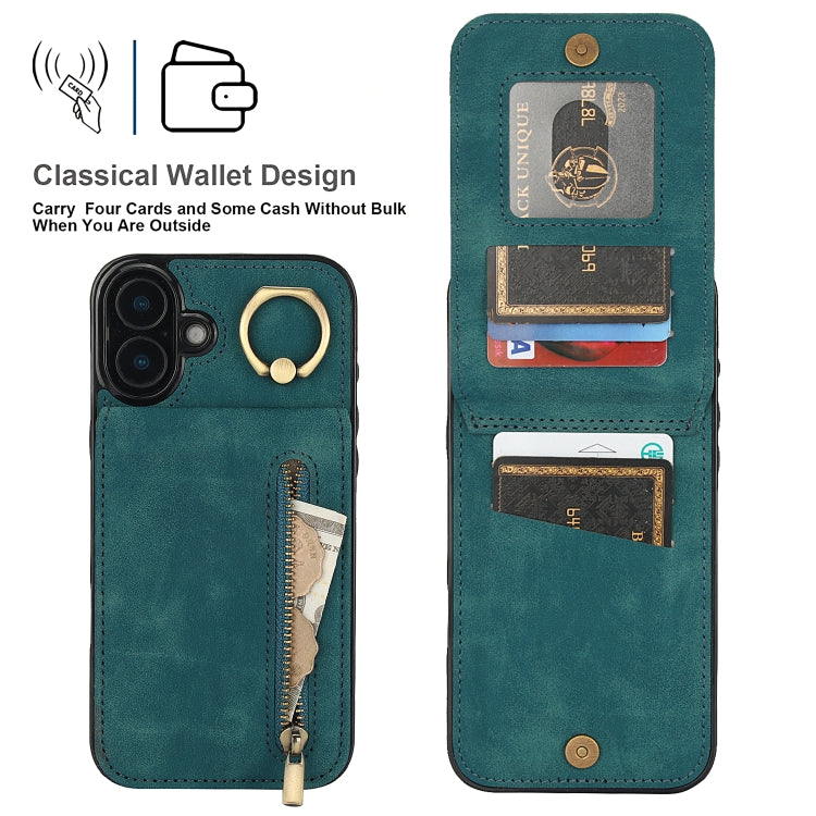For iPhone 16 Plus Retro Ring and Zipper RFID Card Slot Phone Case