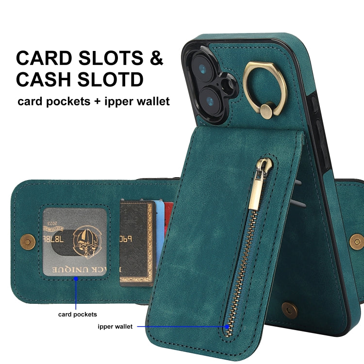 For iPhone 16 Plus Retro Ring and Zipper RFID Card Slot Phone Case