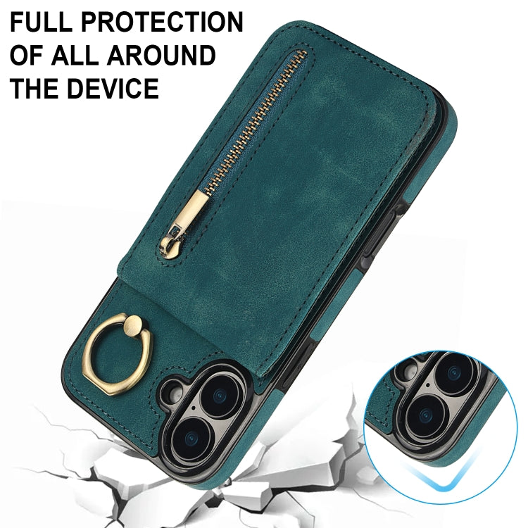 For iPhone 16 Plus Retro Ring and Zipper RFID Card Slot Phone Case
