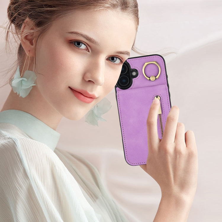 For iPhone 16 Plus Retro Ring and Zipper RFID Card Slot Phone Case