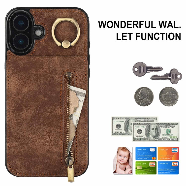For iPhone 16 Plus Retro Ring and Zipper RFID Card Slot Phone Case