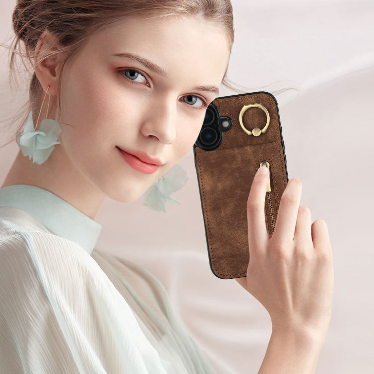 For iPhone 16 Plus Retro Ring and Zipper RFID Card Slot Phone Case