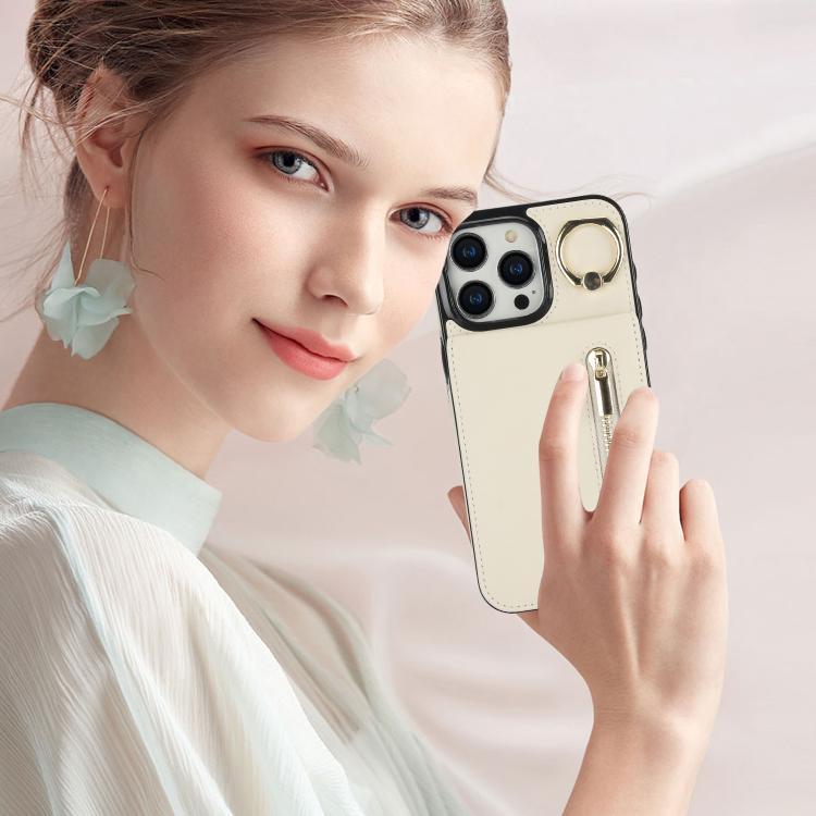For iPhone 16 Plus Retro Ring and Zipper RFID Card Slot Phone Case