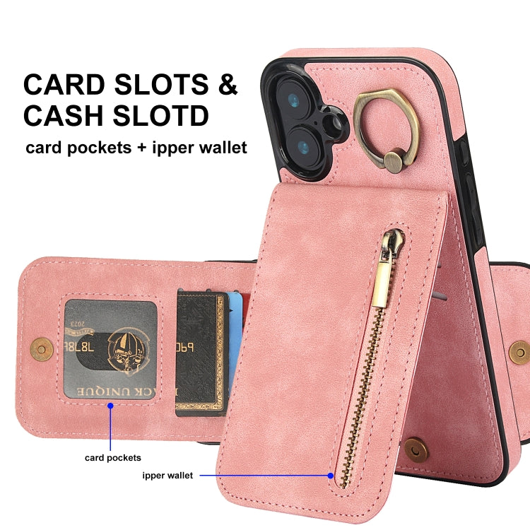 For iPhone 16 Retro Ring and Zipper RFID Card Slot Phone Case