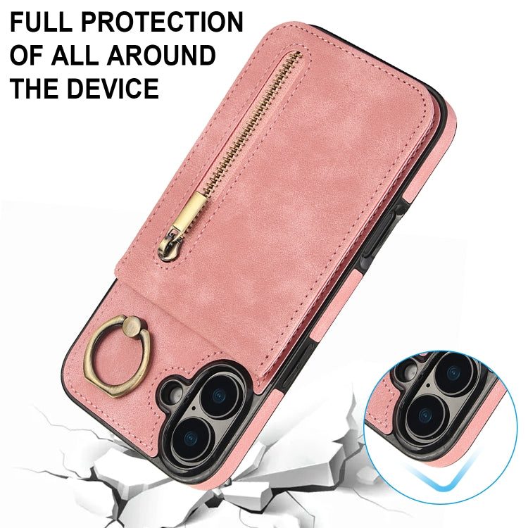 For iPhone 16 Retro Ring and Zipper RFID Card Slot Phone Case