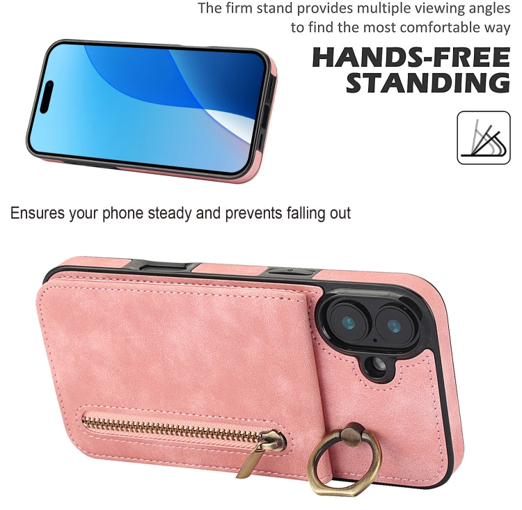 For iPhone 16 Retro Ring and Zipper RFID Card Slot Phone Case