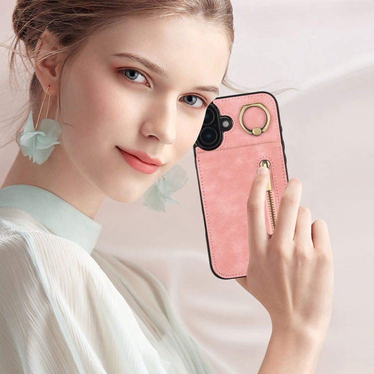 For iPhone 16 Retro Ring and Zipper RFID Card Slot Phone Case