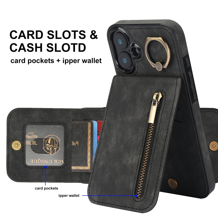 For iPhone 16 Retro Ring and Zipper RFID Card Slot Phone Case